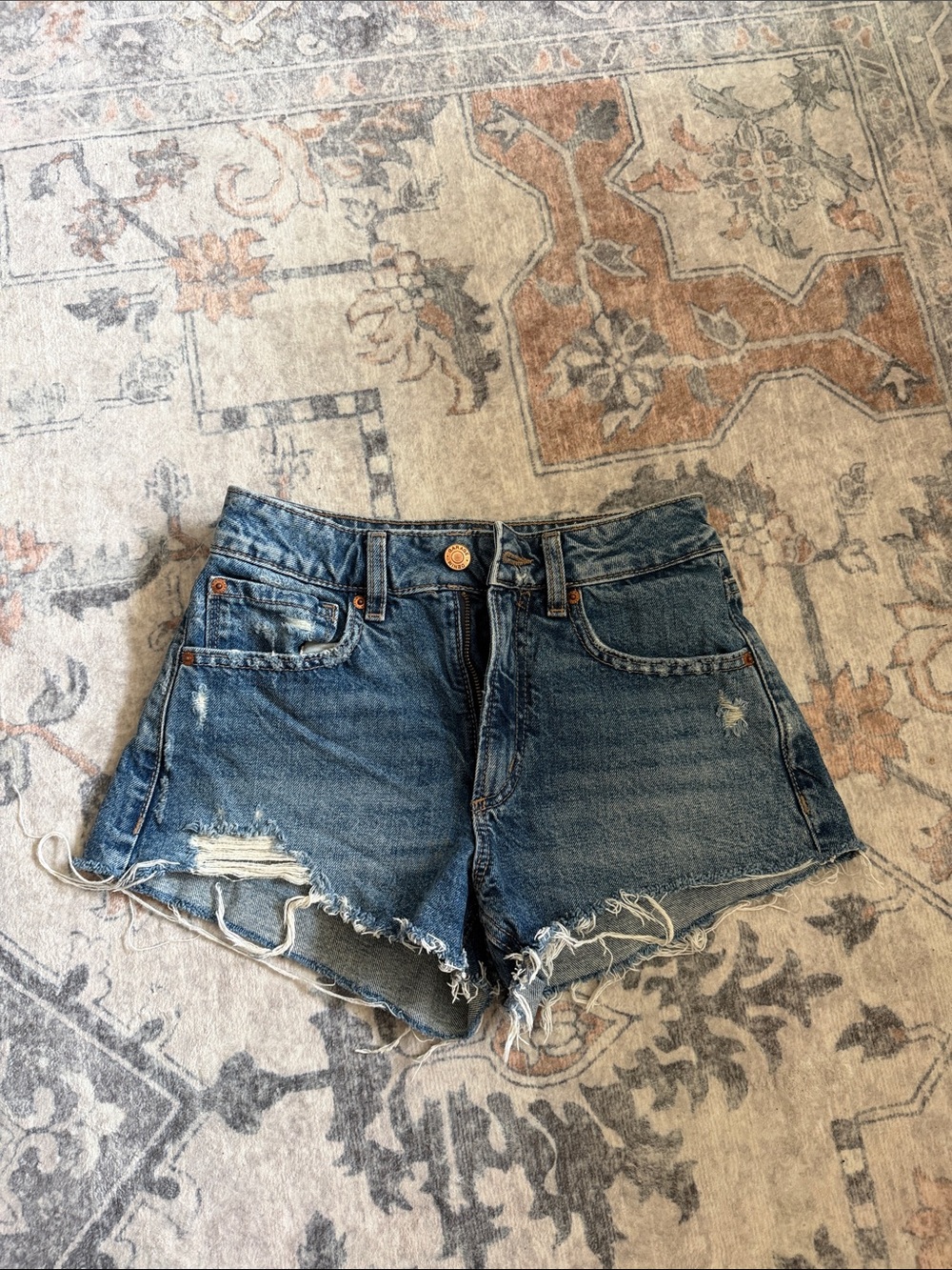 Garage Blue Distressed High-Rise Jean Shorts - Picture 1 of 3